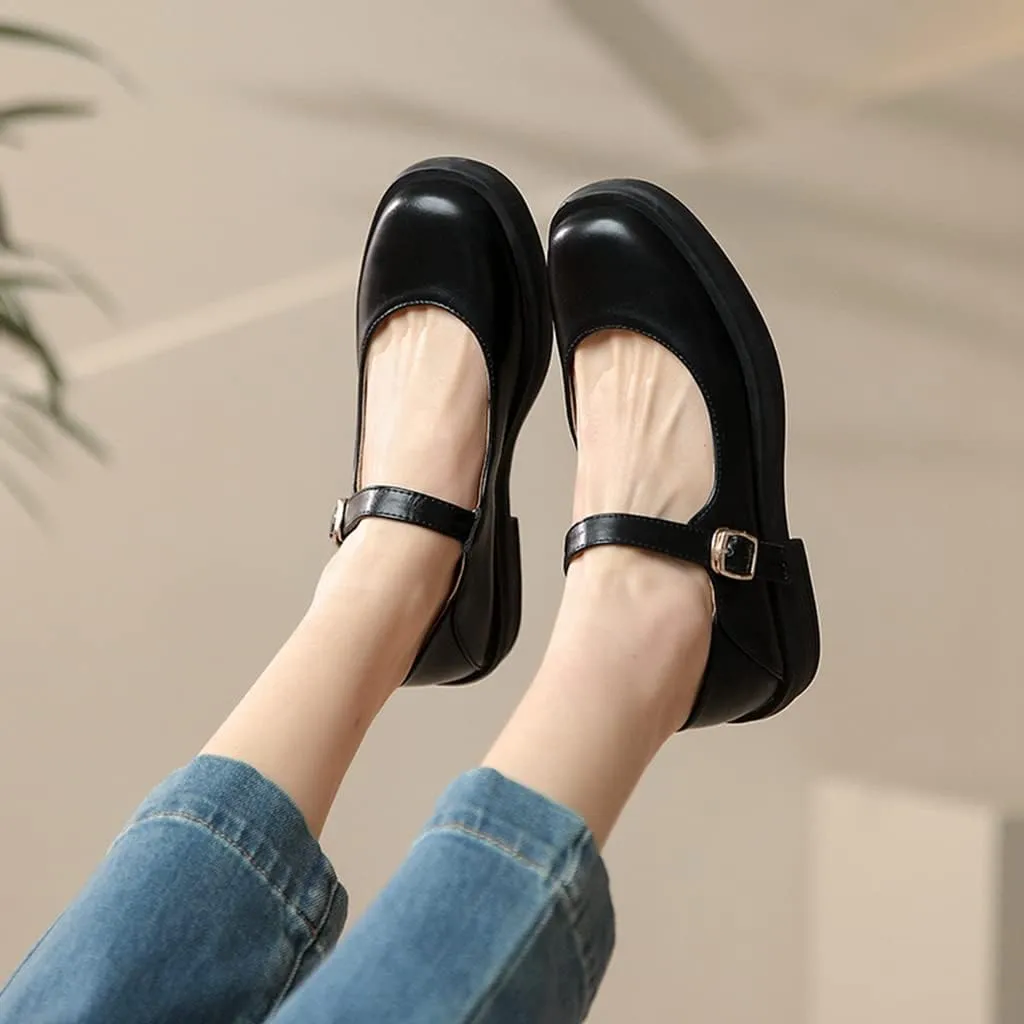 Women's Mary Jane Oxford Shoes Flats Vintage Square Toe Leather Buckle Strap Low Heel Girls Dress Shoe