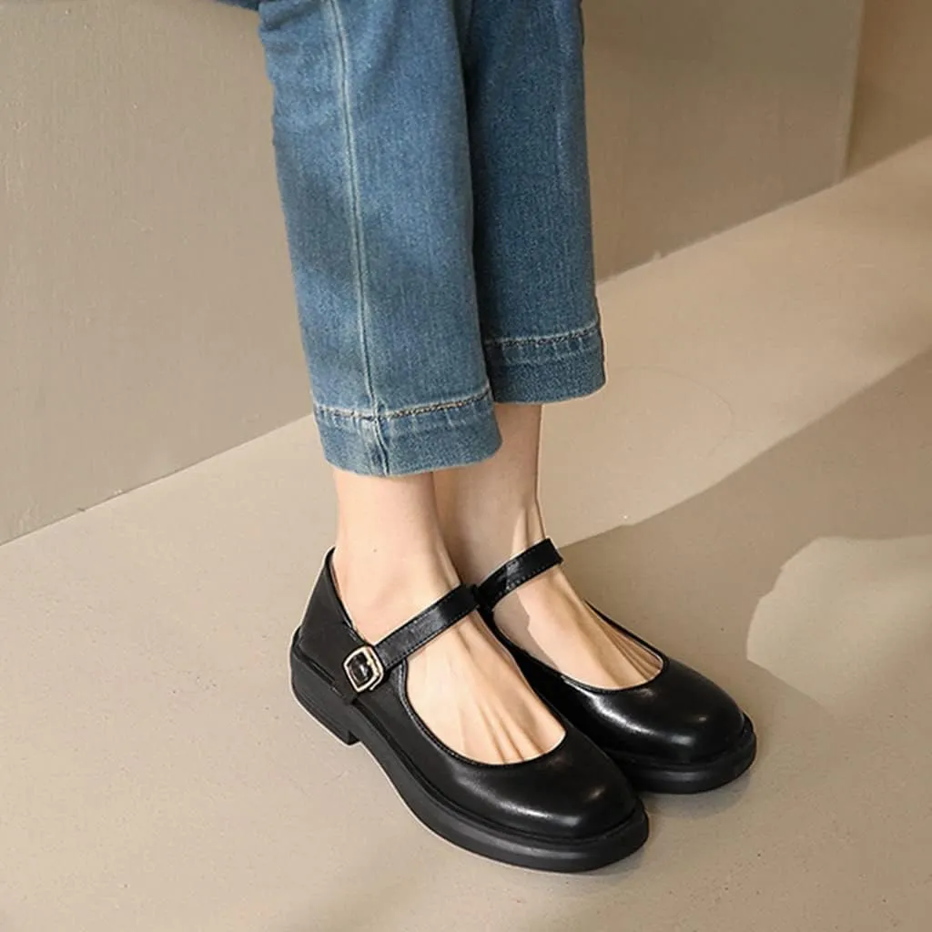 Women's Mary Jane Oxford Shoes Flats Vintage Square Toe Leather Buckle Strap Low Heel Girls Dress Shoe