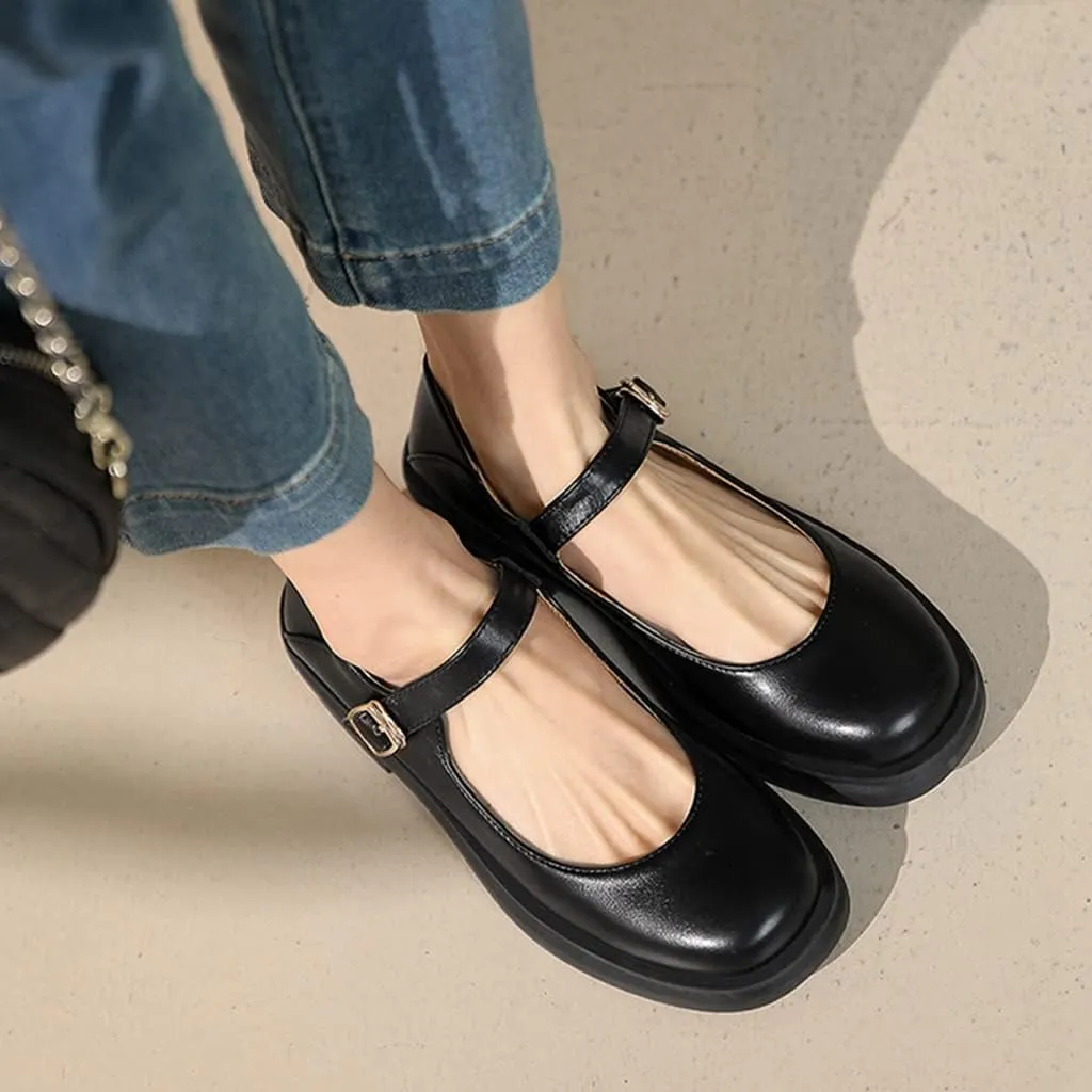 Women's Mary Jane Oxford Shoes Flats Vintage Square Toe Leather Buckle Strap Low Heel Girls Dress Shoe