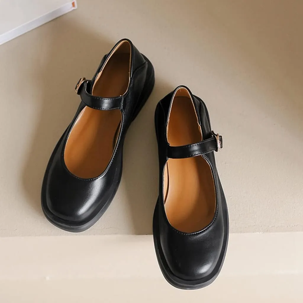 Women's Mary Jane Oxford Shoes Flats Vintage Square Toe Leather Buckle Strap Low Heel Girls Dress Shoe