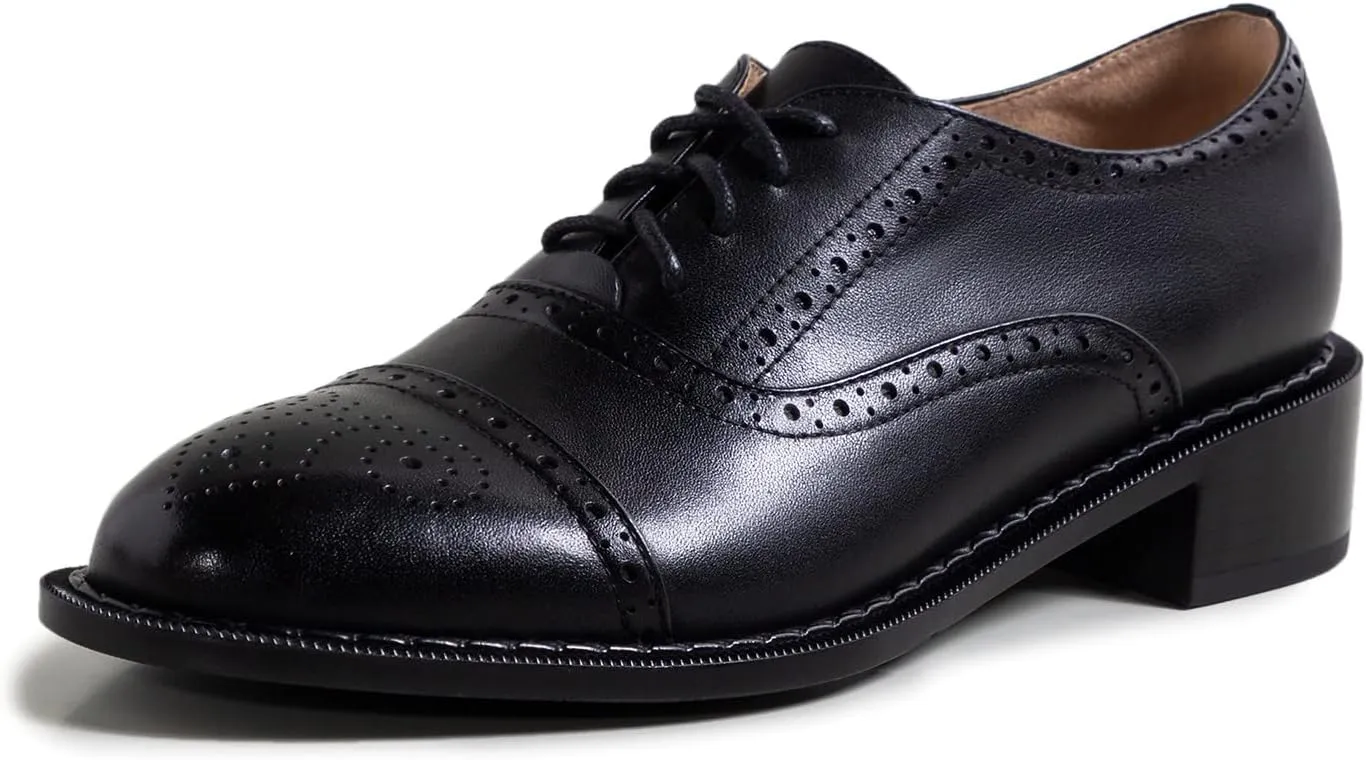 Women's Perforated Classic Lace-up Oxfords Brogue Wingtip Round Toe Derby Saddle Leather Shoes for Women Girls Lady Wife