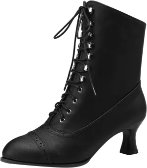 Womens Short Ankle Boots Lace Up for Women Side Zipper Victorian Booties Closed Toe Block Chunky Mid Heel Shoes