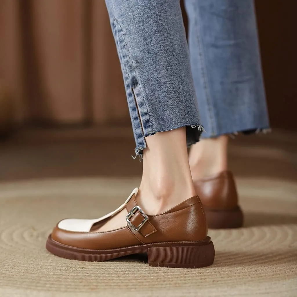 Women's Two Tone Mary Jane Flats Vintage T-Strap Round Toe Leather Low Heel Girls Dress Oxford Shoes