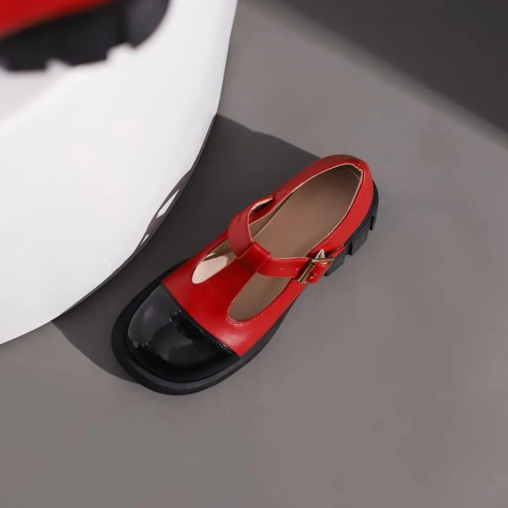 Women's Two Tone T-Strap Mary Jane Flats Loafers Vintage Round Toe Low Heel Girls Dress Oxford Shoes