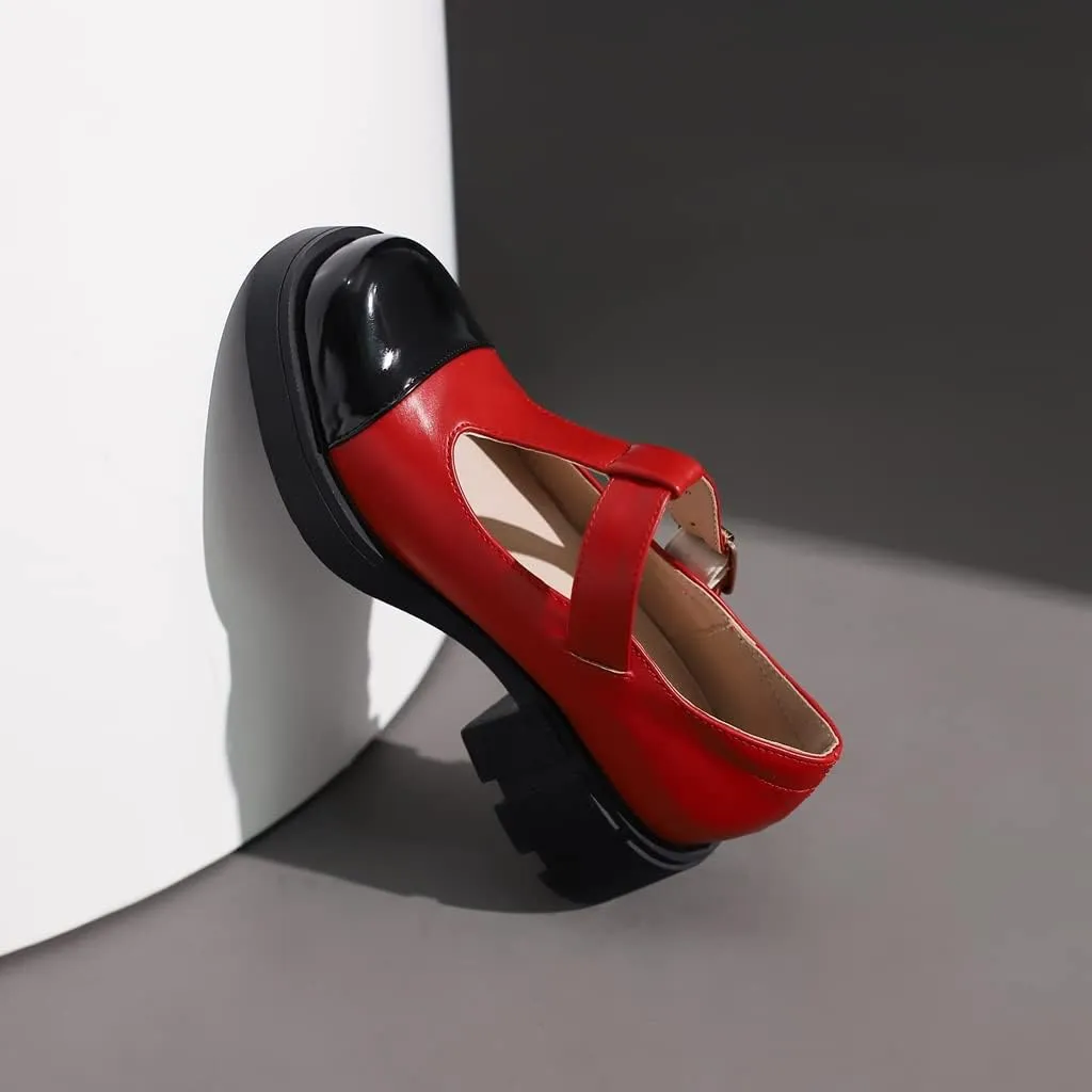 Women's Two Tone T-Strap Mary Jane Flats Loafers Vintage Round Toe Low Heel Girls Dress Oxford Shoes