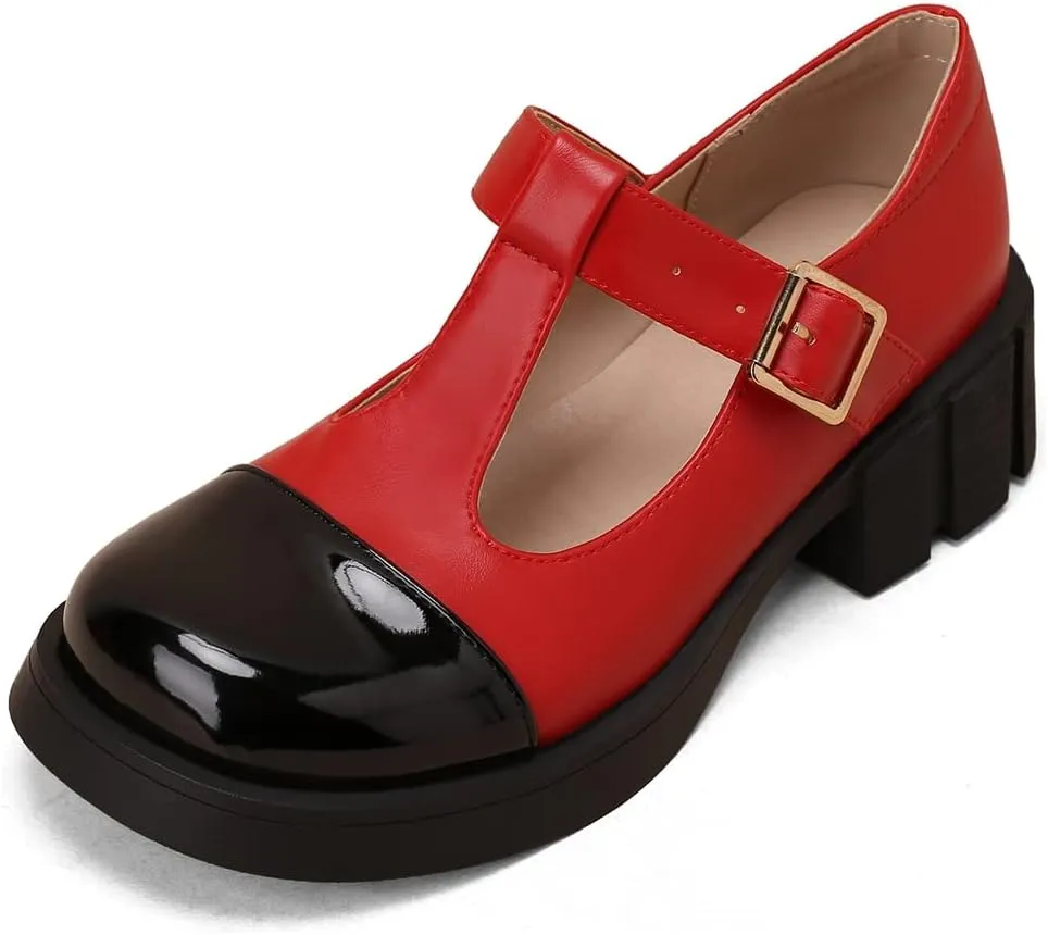 Women's Two Tone T-Strap Mary Jane Flats Loafers Vintage Round Toe Low Heel Girls Dress Oxford Shoes