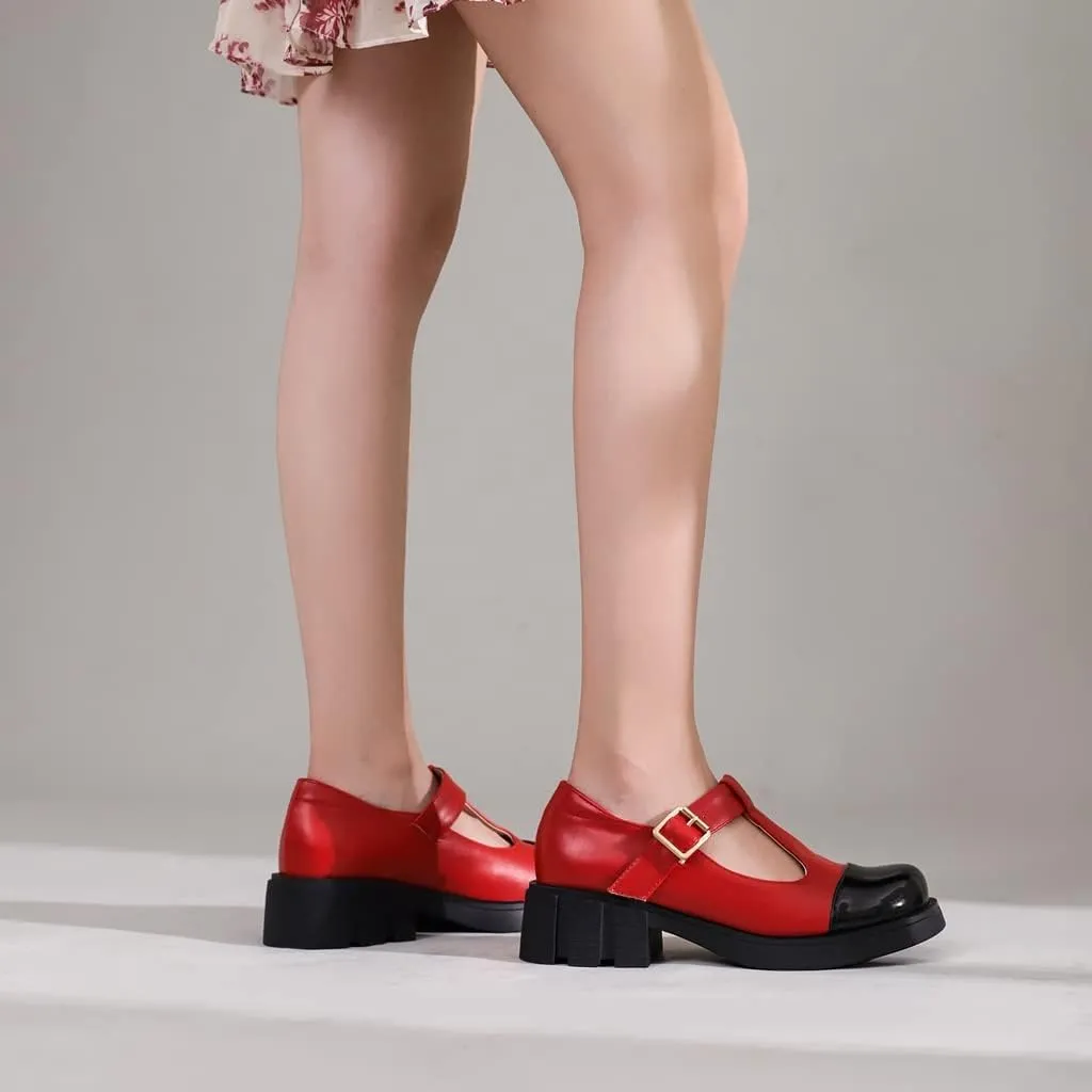 Women's Two Tone T-Strap Mary Jane Flats Loafers Vintage Round Toe Low Heel Girls Dress Oxford Shoes
