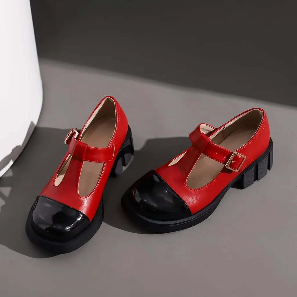 Women's Two Tone T-Strap Mary Jane Flats Loafers Vintage Round Toe Low Heel Girls Dress Oxford Shoes