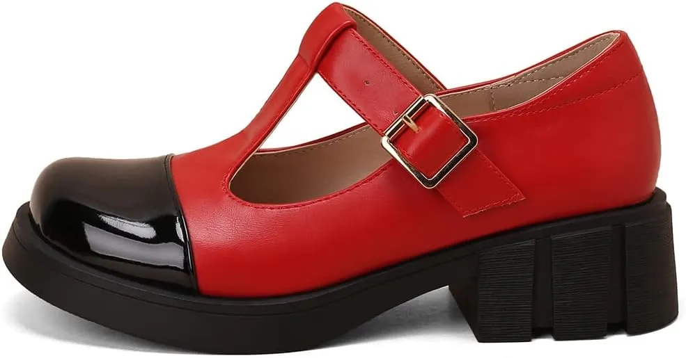 Women's Two Tone T-Strap Mary Jane Flats Loafers Vintage Round Toe Low Heel Girls Dress Oxford Shoes