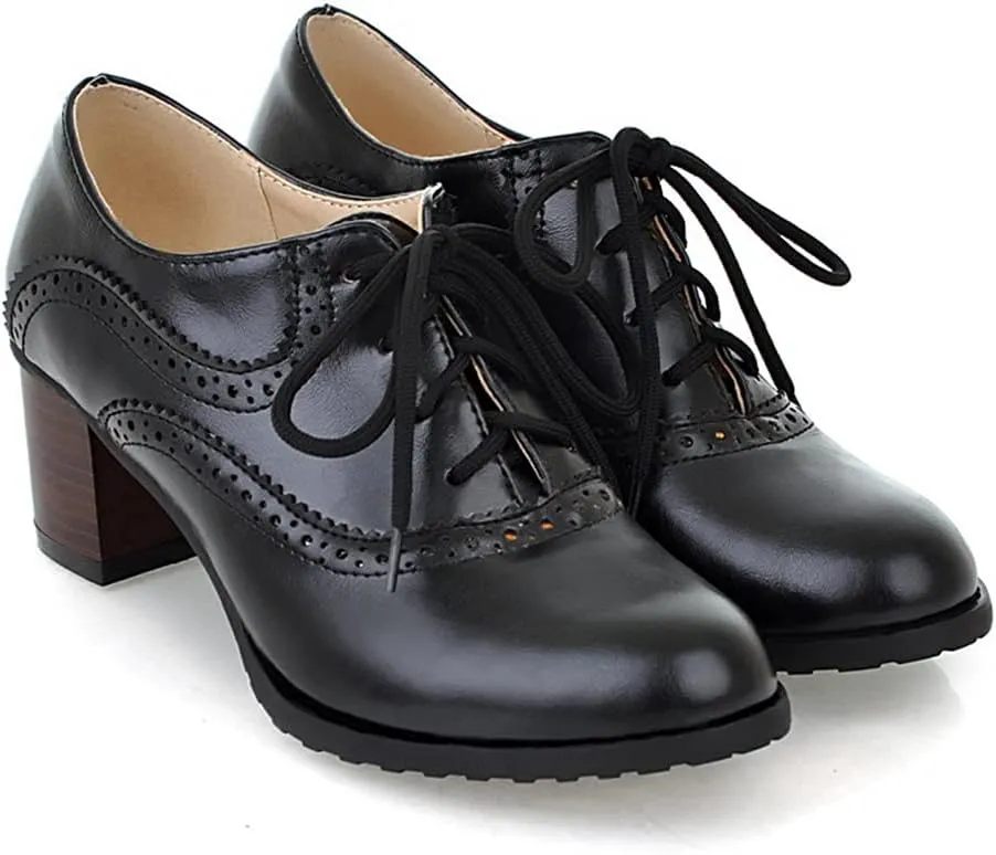 Women's Vintage Lace Up Pump Oxfords Round Toe Two Tone Wingtip Block Low Heel Brogues Dress Shoes