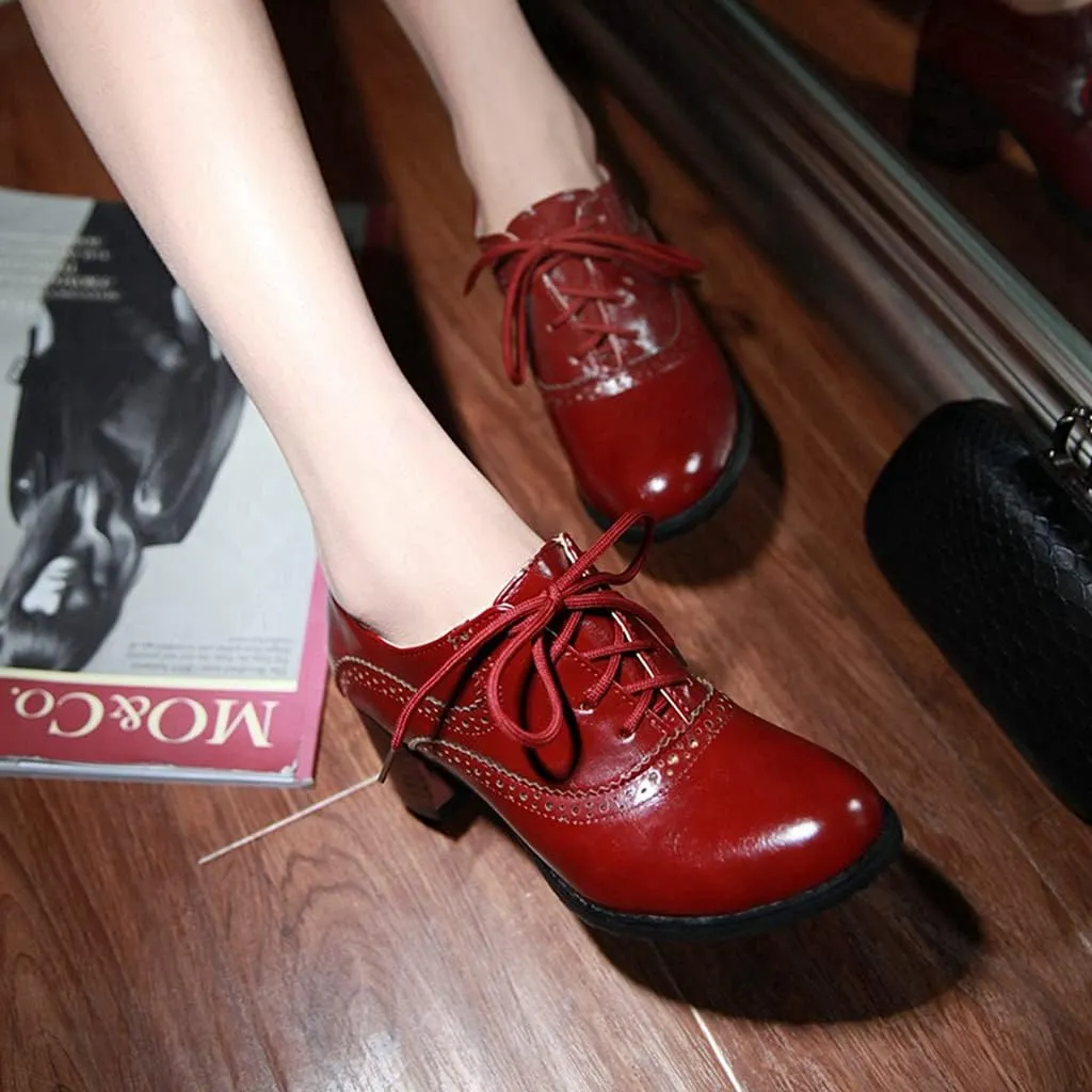 Women's Vintage Lace Up Pump Oxfords Round Toe Two Tone Wingtip Block Low Heel Brogues Dress Shoes