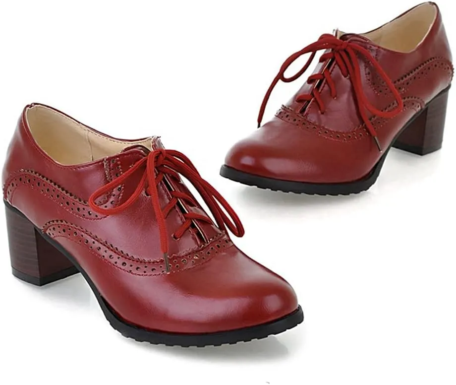 Women's Vintage Lace Up Pump Oxfords Round Toe Two Tone Wingtip Block Low Heel Brogues Dress Shoes