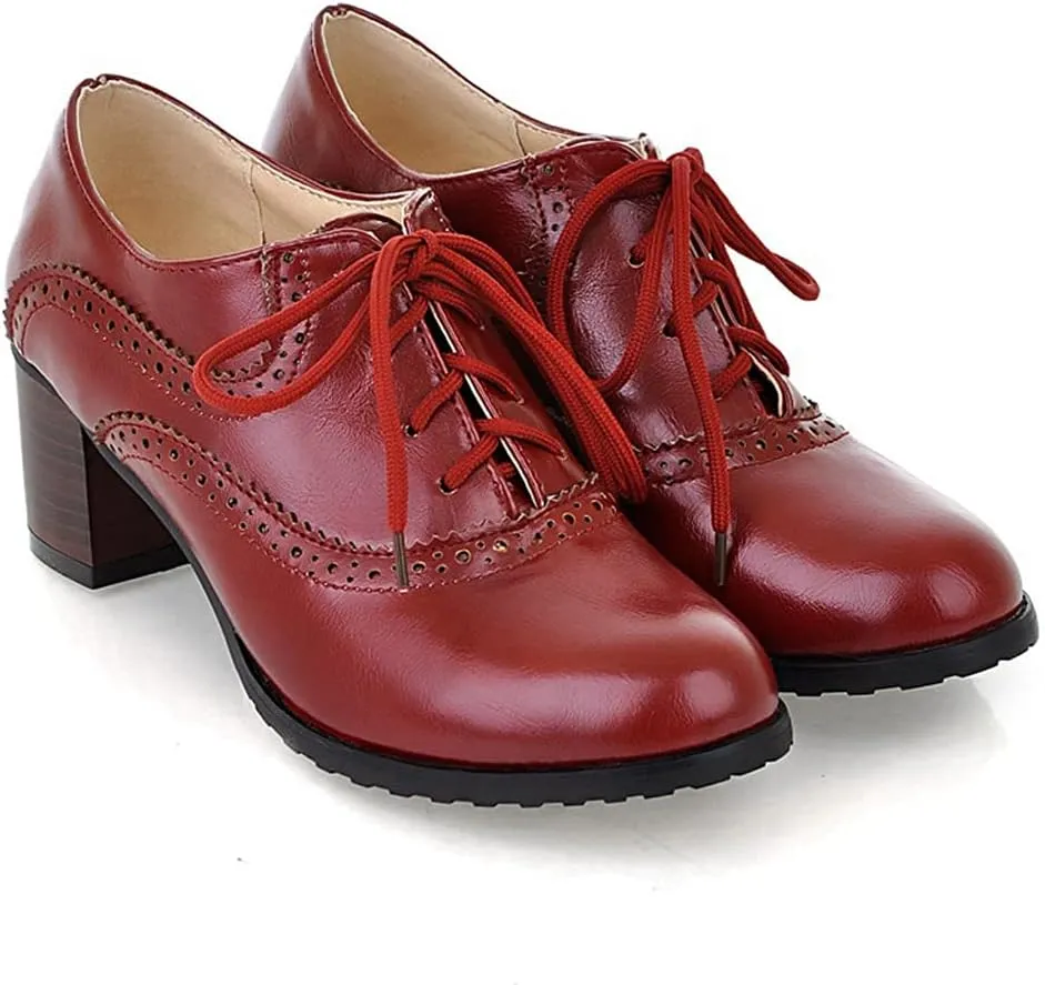 Women's Vintage Lace Up Pump Oxfords Round Toe Two Tone Wingtip Block Low Heel Brogues Dress Shoes