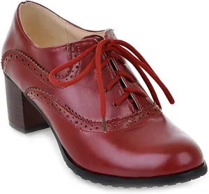 Women's Vintage Lace Up Pump Oxfords Round Toe Two Tone Wingtip Block Low Heel Brogues Dress Shoes
