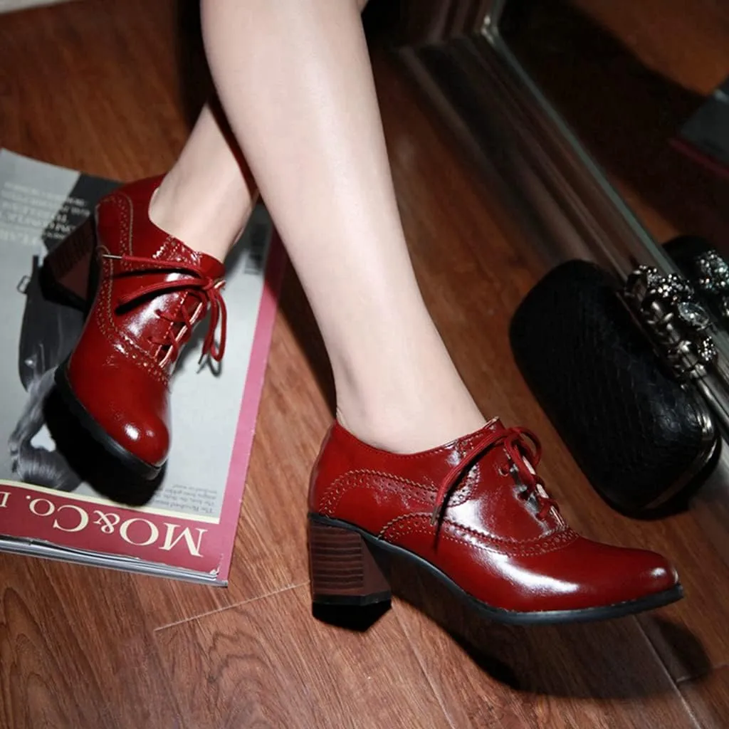 Women's Vintage Lace Up Pump Oxfords Round Toe Two Tone Wingtip Block Low Heel Brogues Dress Shoes