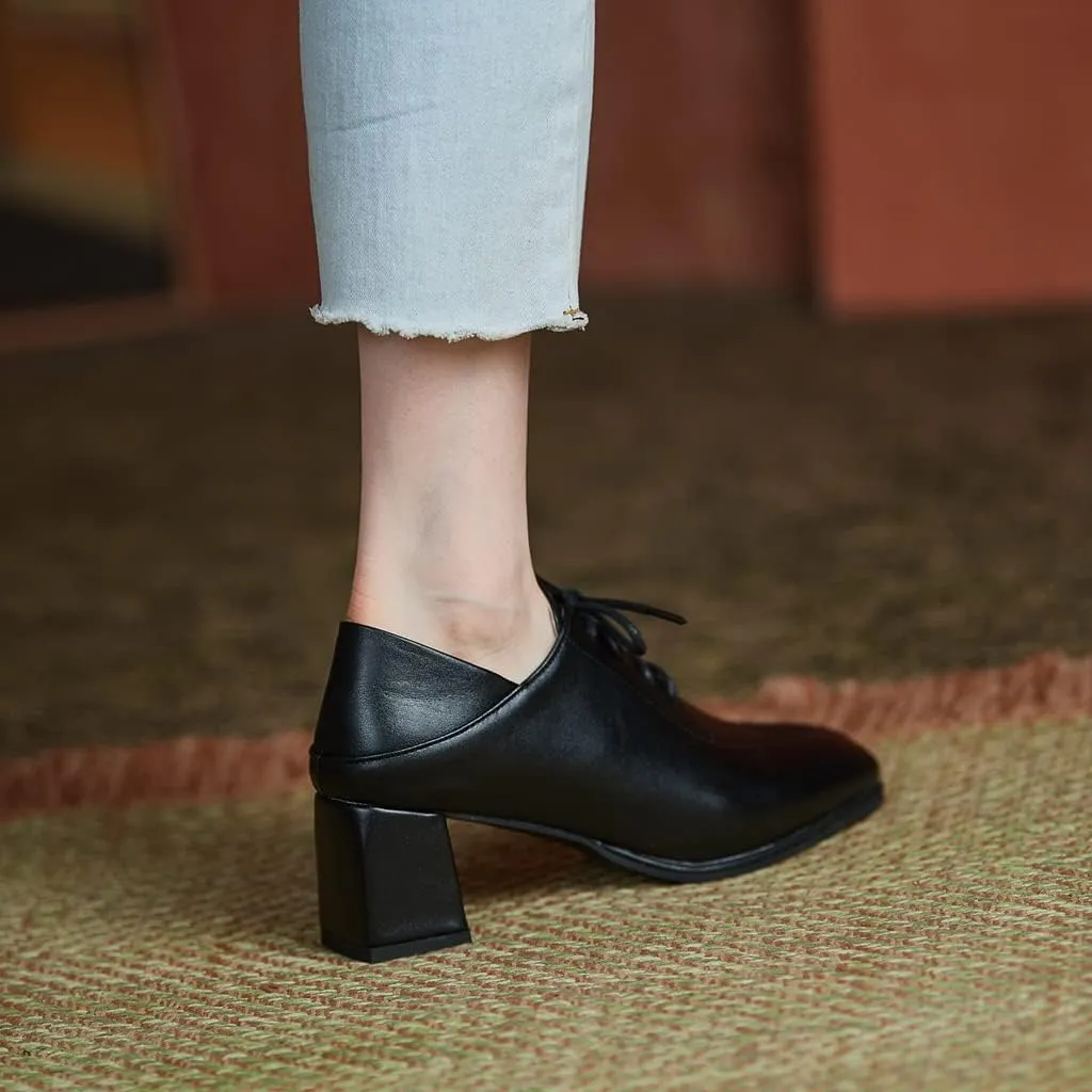 Women's Vintage Lace Up Pump Oxfords Square Toe Chunky Block Mid Heel Brogues Office Dress Shoes