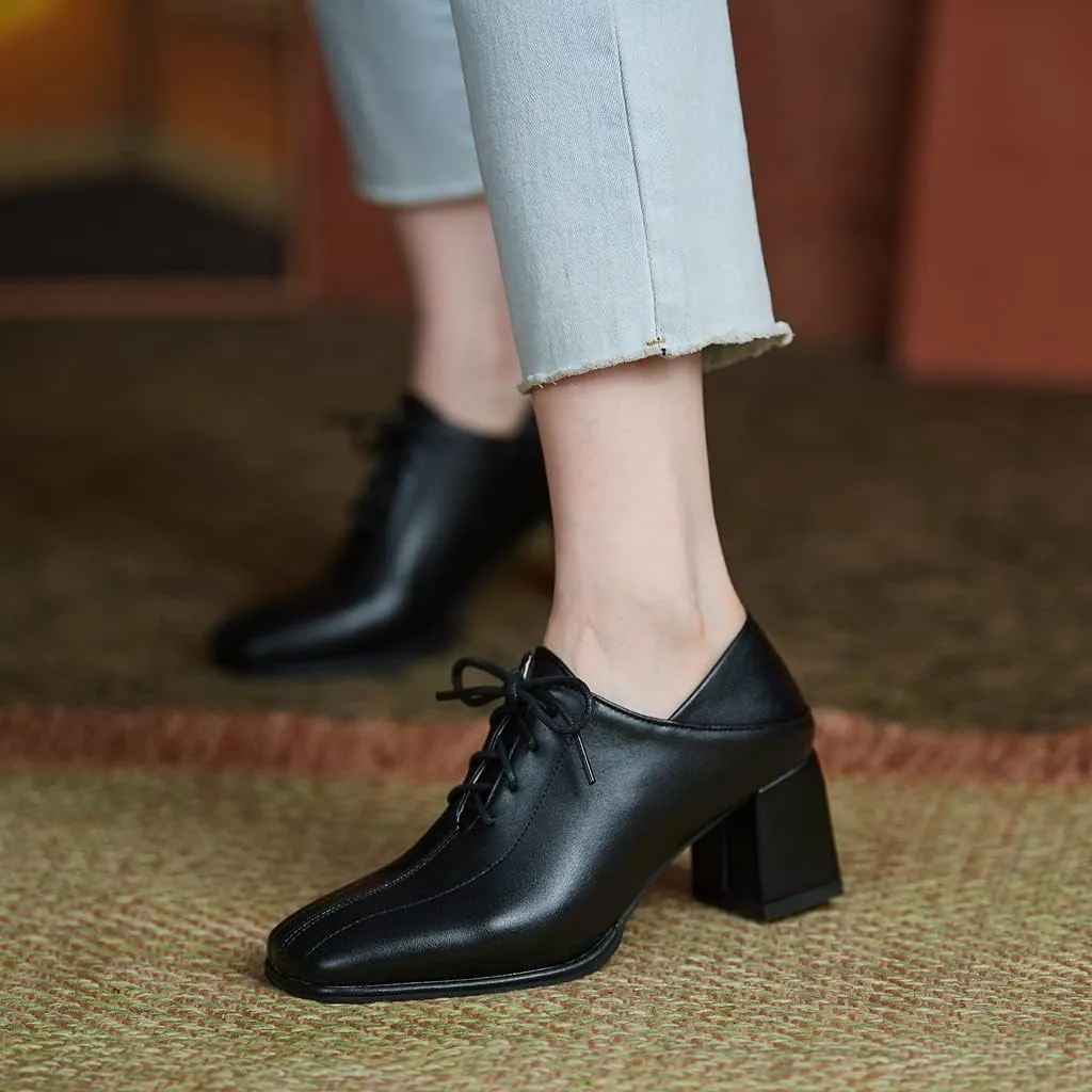 Women's Vintage Lace Up Pump Oxfords Square Toe Chunky Block Mid Heel Brogues Office Dress Shoes