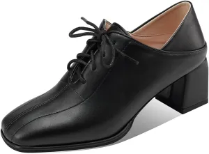 Women's Vintage Lace Up Pump Oxfords Square Toe Chunky Block Mid Heel Brogues Office Dress Shoes