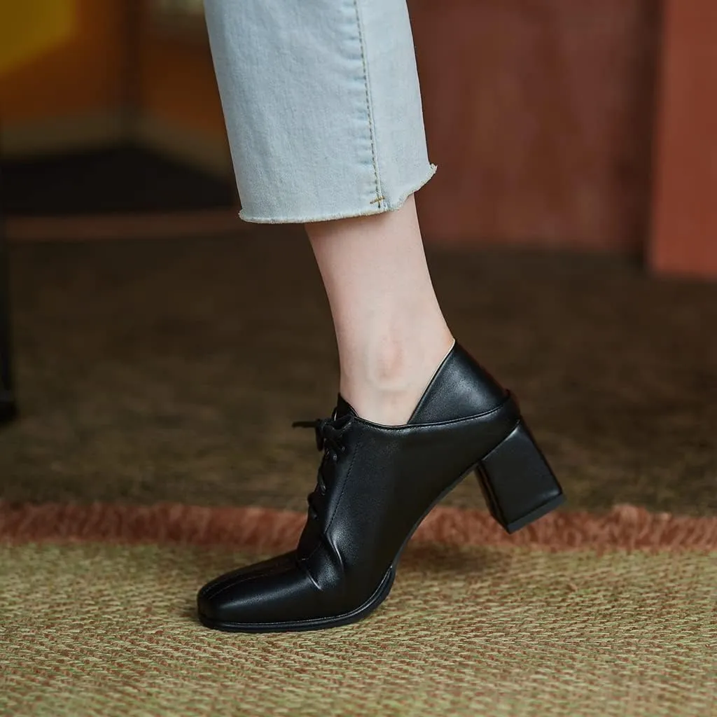 Women's Vintage Lace Up Pump Oxfords Square Toe Chunky Block Mid Heel Brogues Office Dress Shoes