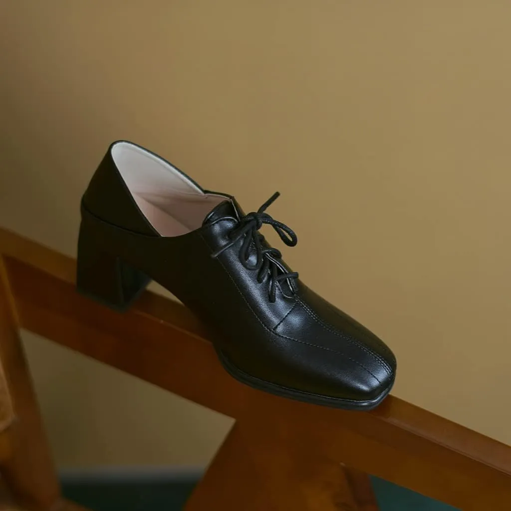 Women's Vintage Lace Up Pump Oxfords Square Toe Chunky Block Mid Heel Brogues Office Dress Shoes