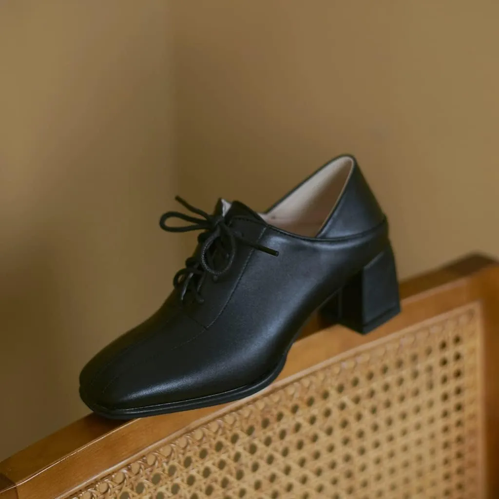 Women's Vintage Lace Up Pump Oxfords Square Toe Chunky Block Mid Heel Brogues Office Dress Shoes