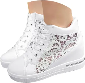 Womenyiaor Platform Hidden Heel Sneaker for Women, Women's Platform Wedge Sneakers Dressy Lace Up Shoes High Heeld High Top Sneakers Fashion Hidden Wedge Tennis Shoes Casual Canvas Shoes