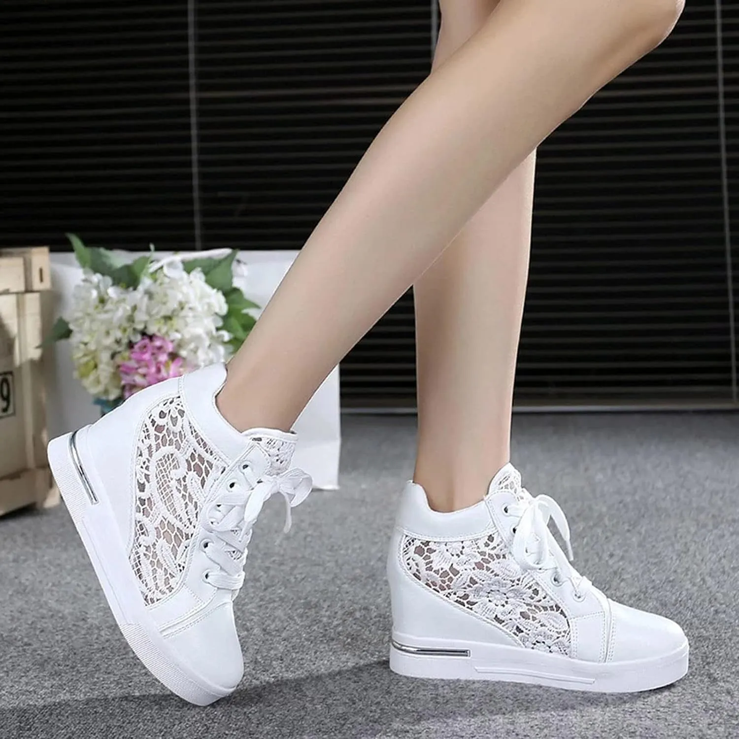 Womenyiaor Platform Hidden Heel Sneaker for Women, Women's Platform Wedge Sneakers Dressy Lace Up Shoes High Heeld High Top Sneakers Fashion Hidden Wedge Tennis Shoes Casual Canvas Shoes