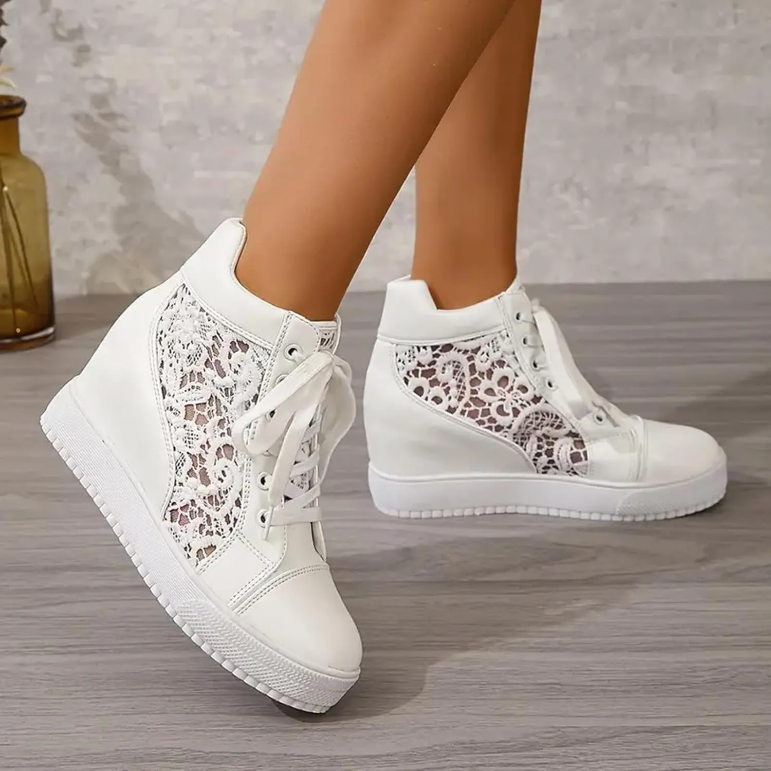 Womenyiaor Platform Hidden Heel Sneaker for Women, Women's Platform Wedge Sneakers Dressy Lace Up Shoes High Heeld High Top Sneakers Fashion Hidden Wedge Tennis Shoes Casual Canvas Shoes