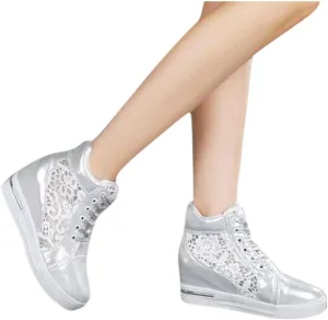 Womenyiaor Platform Hidden Heel Sneaker for Women, Women's Platform Wedge Sneakers Dressy Lace Up Shoes High Heeld High Top Sneakers Fashion Hidden Wedge Tennis Shoes Casual Canvas Shoes