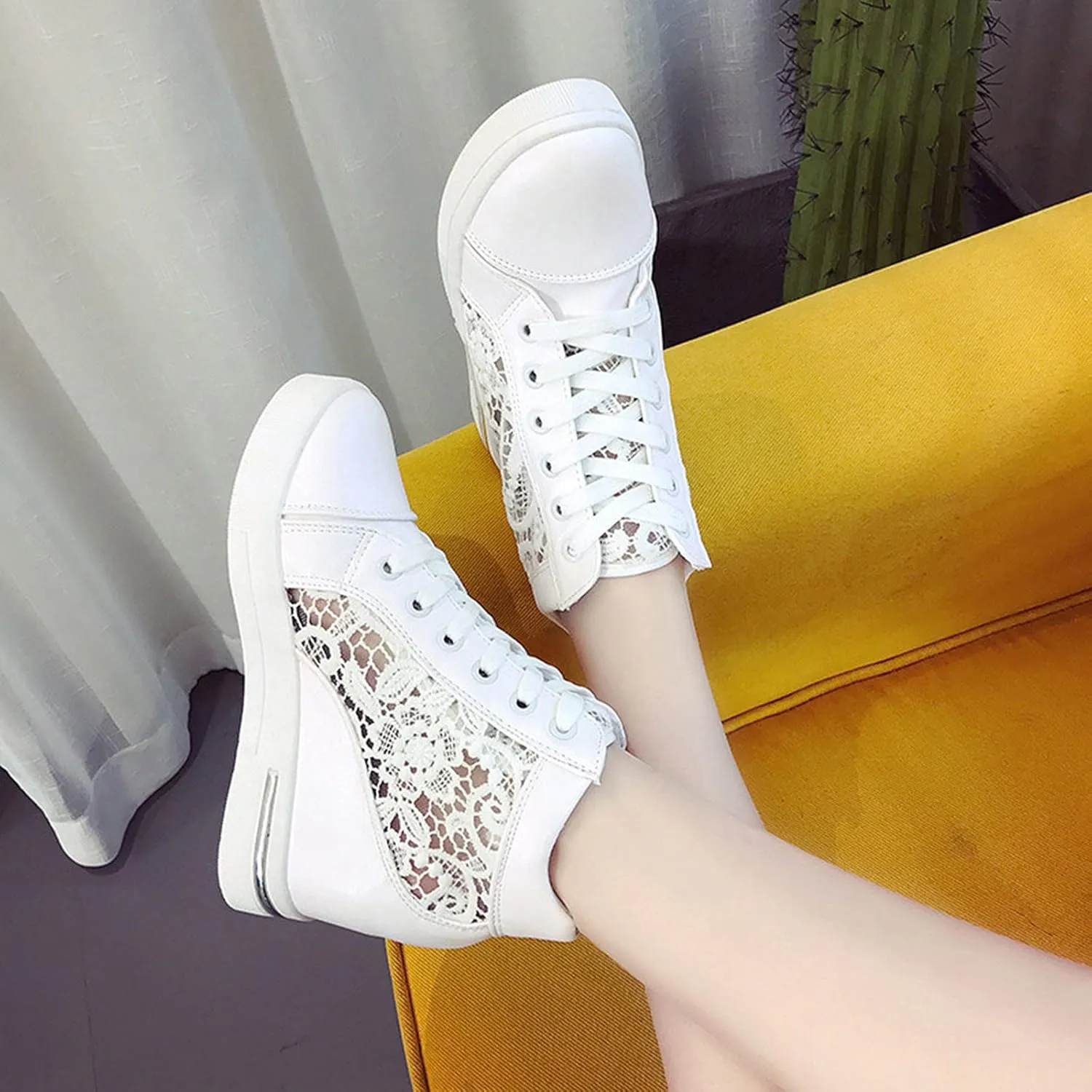 Womenyiaor Platform Hidden Heel Sneaker for Women, Women's Platform Wedge Sneakers Dressy Lace Up Shoes High Heeld High Top Sneakers Fashion Hidden Wedge Tennis Shoes Casual Canvas Shoes