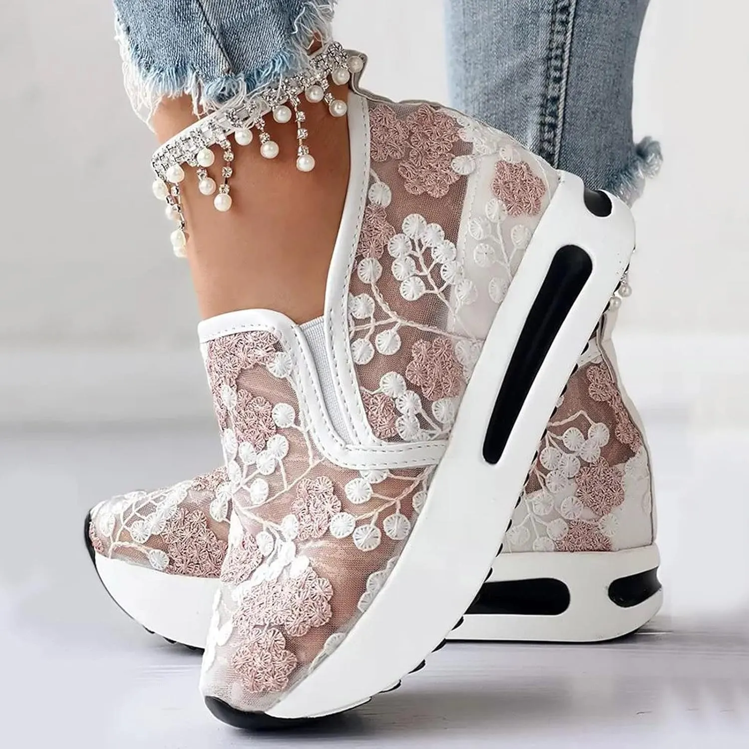 Womenyiaor Women's Fashion Sneakers Dressy Floral Embroidery Sheer Mesh Lace Sneakers Platform Wedge Sneakers for Women Slip on Walking Shoes Loafers Lace up Sneakers Casual Shoes