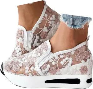 Womenyiaor Women's Fashion Sneakers Dressy Floral Embroidery Sheer Mesh Lace Sneakers Platform Wedge Sneakers for Women Slip on Walking Shoes Loafers Lace up Sneakers Casual Shoes
