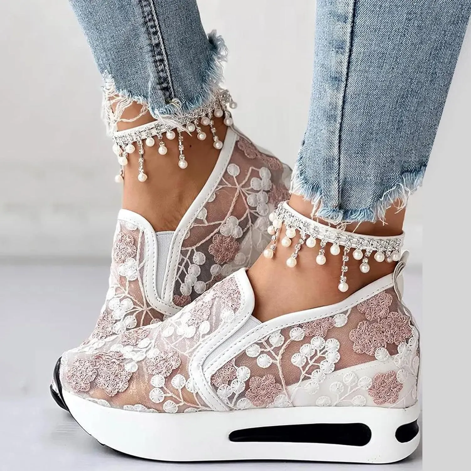 Womenyiaor Women's Fashion Sneakers Dressy Floral Embroidery Sheer Mesh Lace Sneakers Platform Wedge Sneakers for Women Slip on Walking Shoes Loafers Lace up Sneakers Casual Shoes