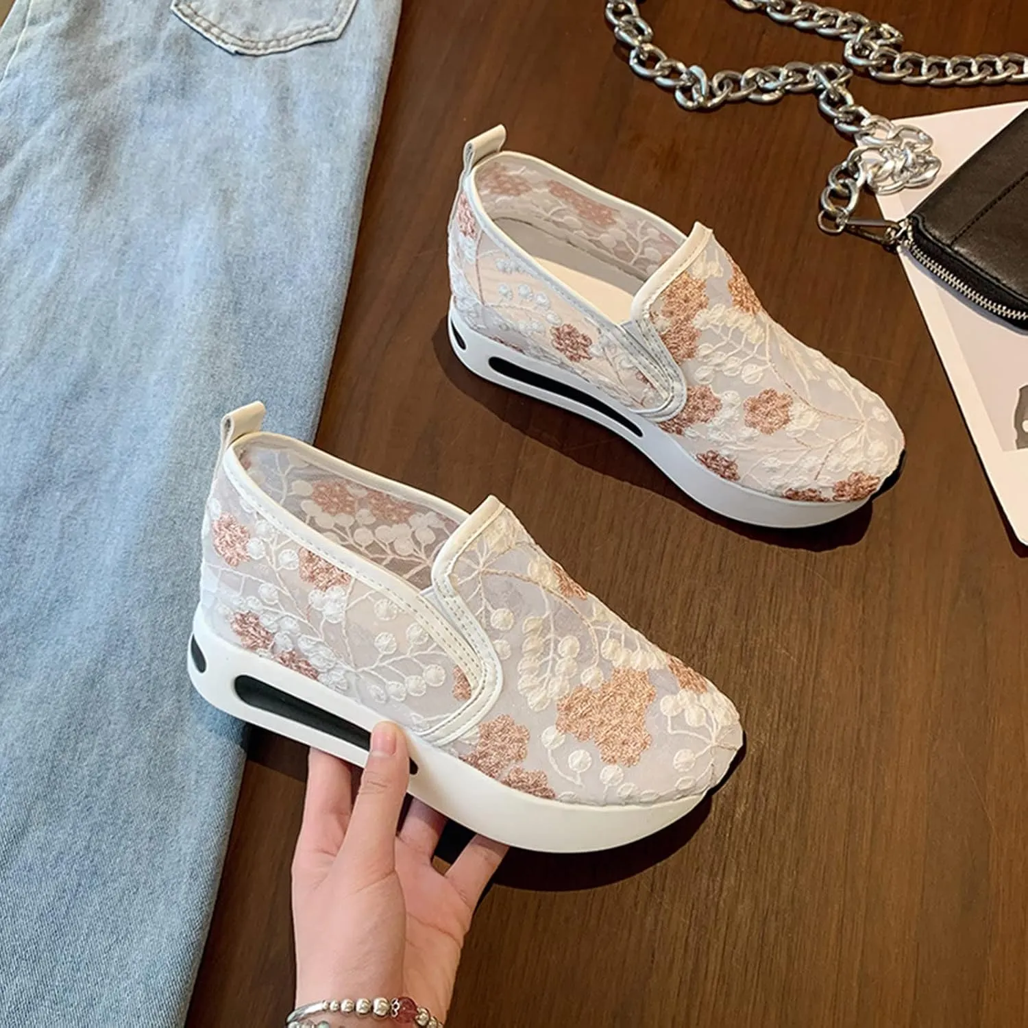 Womenyiaor Women's Fashion Sneakers Dressy Floral Embroidery Sheer Mesh Lace Sneakers Platform Wedge Sneakers for Women Slip on Walking Shoes Loafers Lace up Sneakers Casual Shoes
