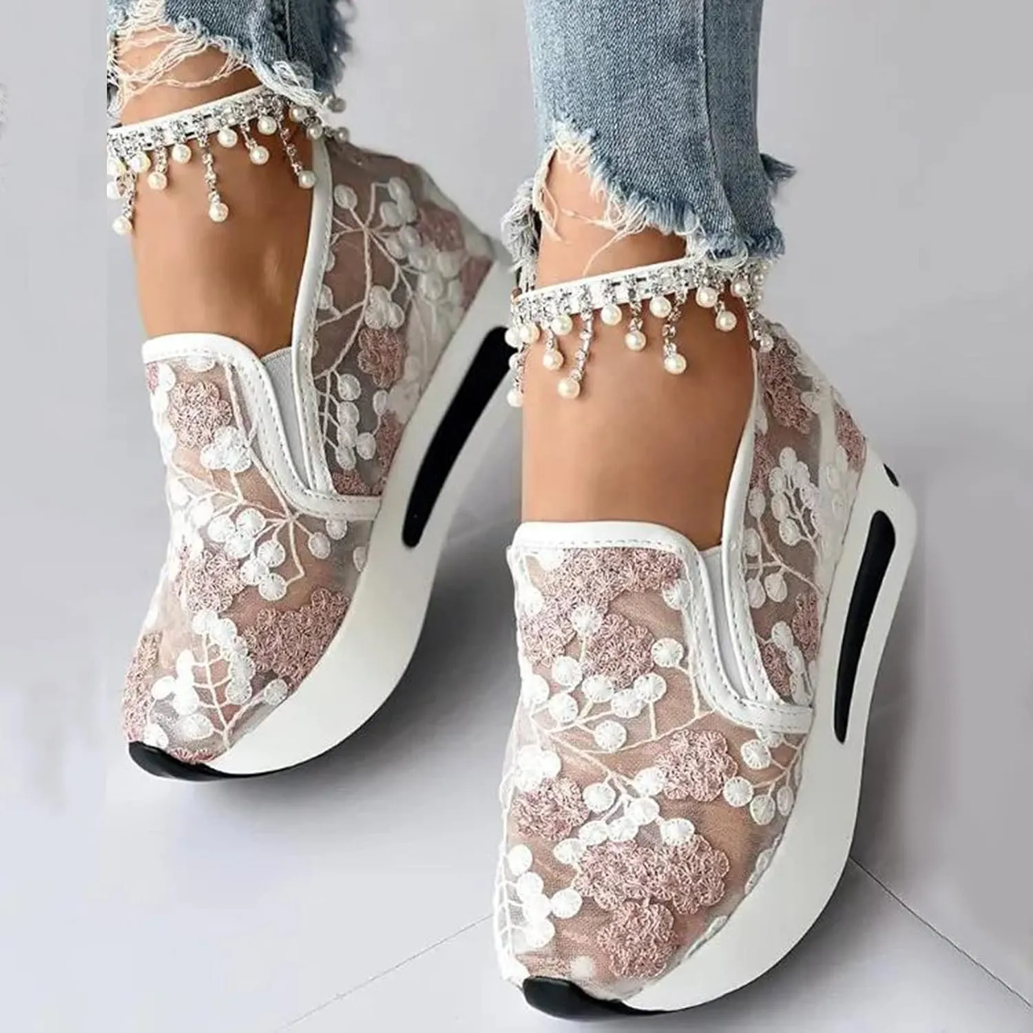 Womenyiaor Women's Fashion Sneakers Dressy Floral Embroidery Sheer Mesh Lace Sneakers Platform Wedge Sneakers for Women Slip on Walking Shoes Loafers Lace up Sneakers Casual Shoes