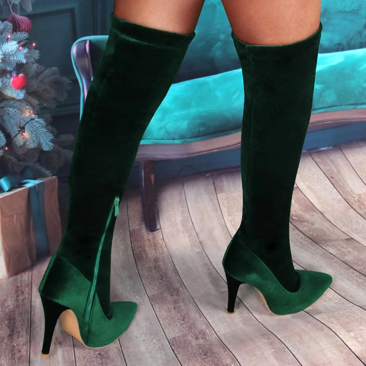 Yck-SAiWed Womens Sexy High Heel Boots Pointed Toe Velvet Over the Knee Boots Halloween Christmas Club Party Thigh High Boots