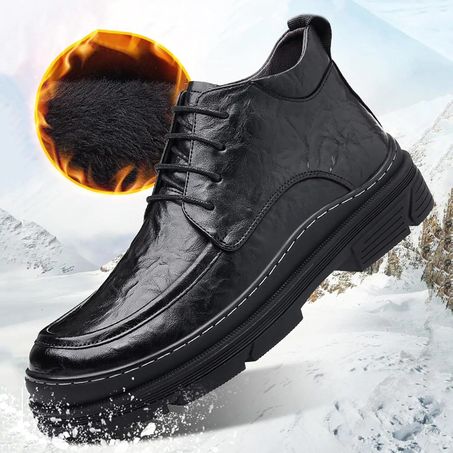 Zeberfi Men's Pleated Leather Dress Oxfords Boots,Fashion Casual Winter Fleece-Lined Chukka Boot,Retro Comfortable Round Toe Lace Up Motorcycle Combat Booties
