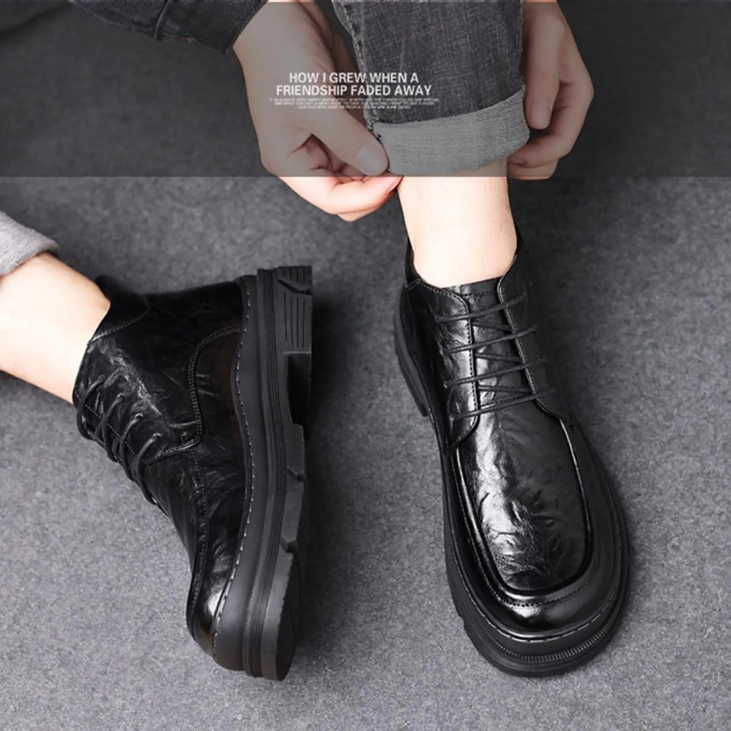 Zeberfi Men's Pleated Leather Dress Oxfords Boots,Fashion Casual Winter Fleece-Lined Chukka Boot,Retro Comfortable Round Toe Lace Up Motorcycle Combat Booties