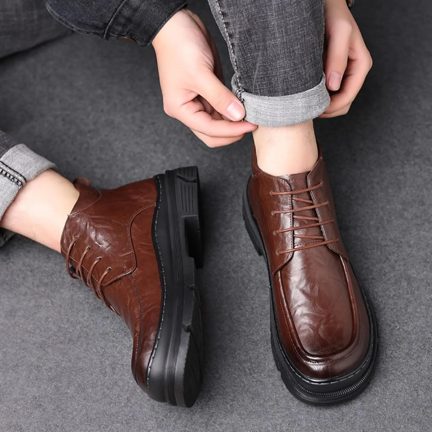 Zeberfi Men's Pleated Leather Dress Oxfords Boots,Fashion Casual Winter Fleece-Lined Chukka Boot,Retro Comfortable Round Toe Lace Up Motorcycle Combat Booties